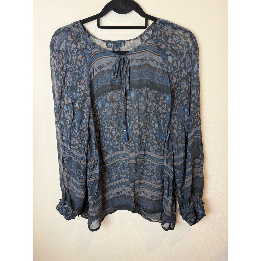 Karen Kane Sky Country Border Print Top Blue Floral Tie Neck Blouse XS